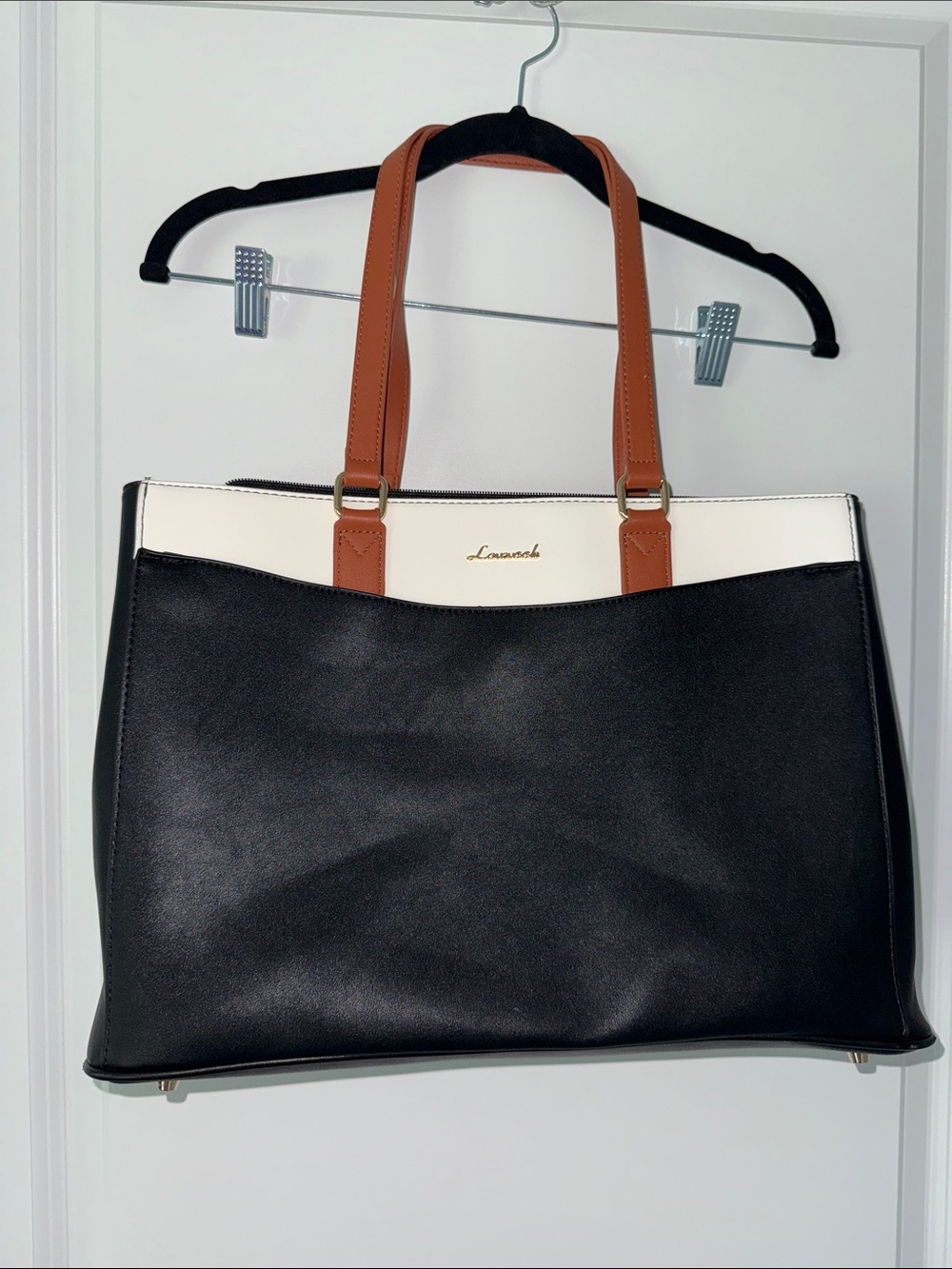 Lancaster Black & Cream Tote with Brown Handles